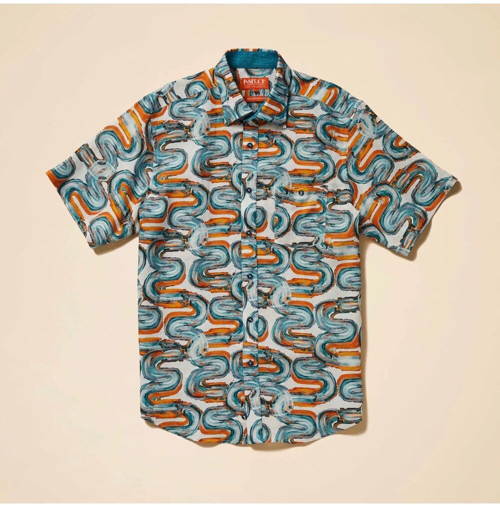 Inserch Shirt Men Medium Blue Mist Optic Wave Linen Short Sleeve Limited Edition
